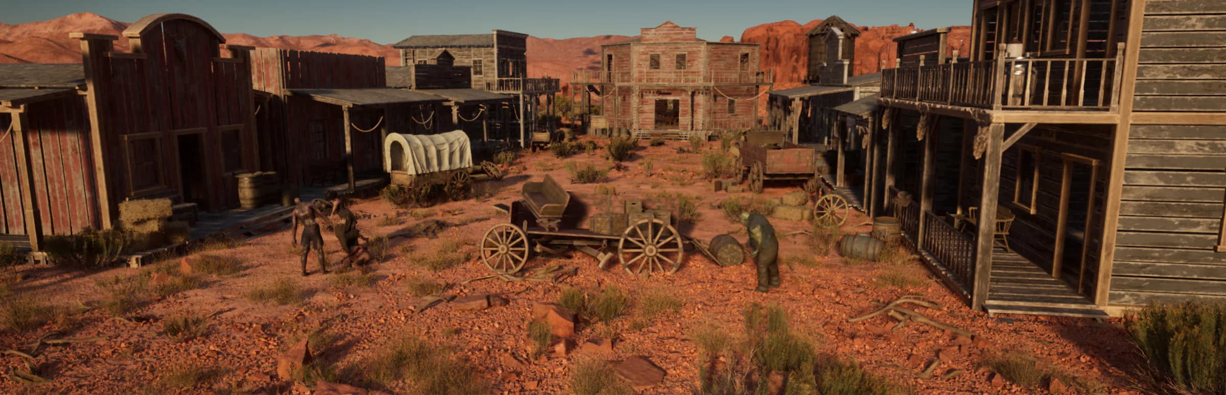 Western Rye frontier town surrounded by red-rock cliffs