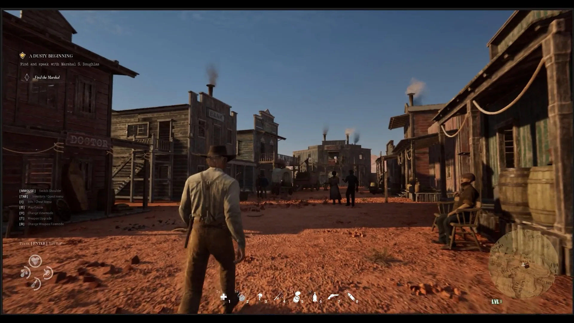 Western Rye player riding toward a frontier settlement