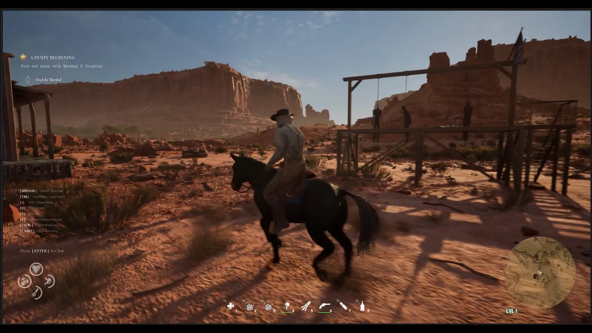 Western Rye player riding a horse across the red-rock desert