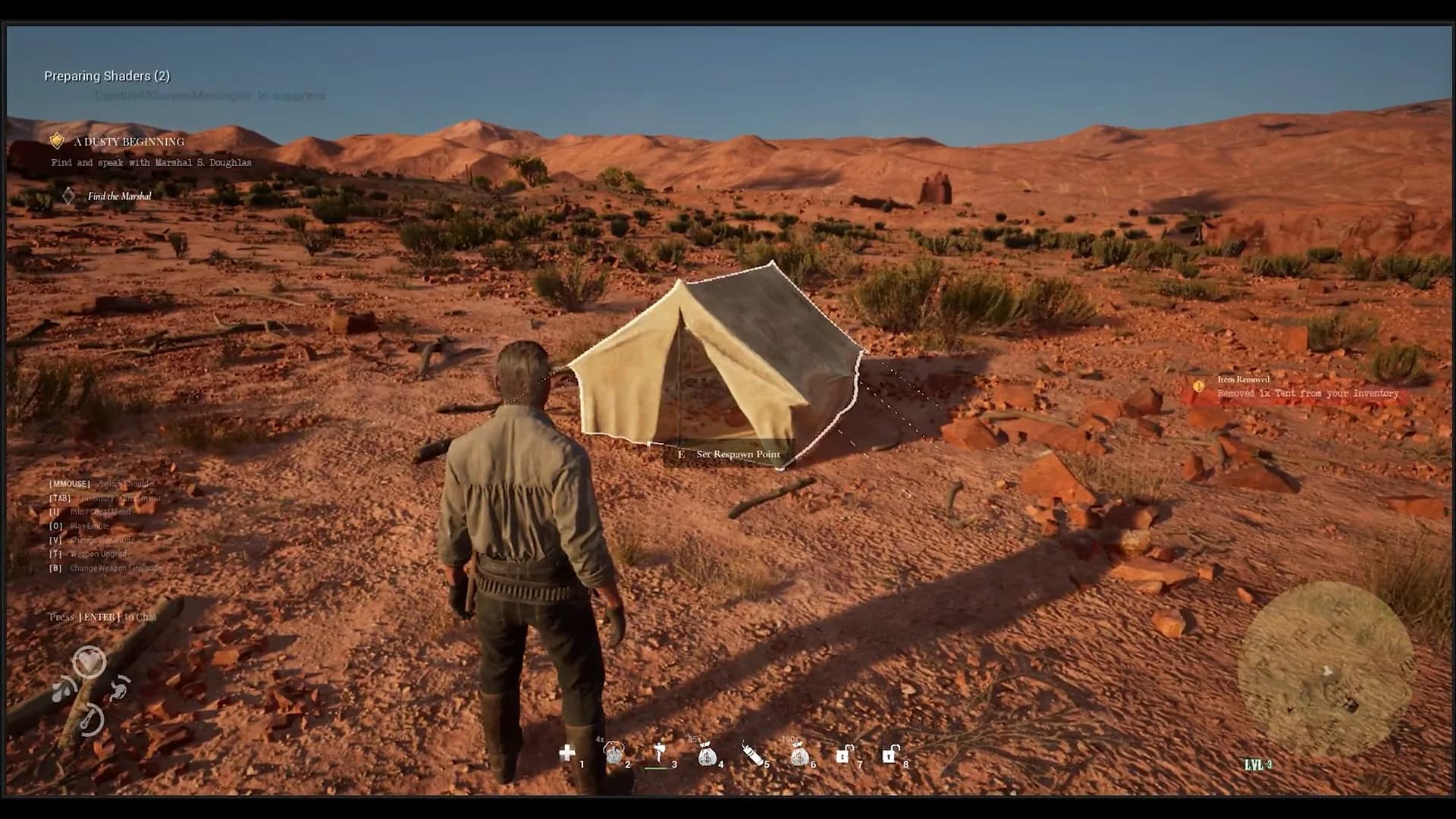 Western Rye player beside a canvas camp in the desert