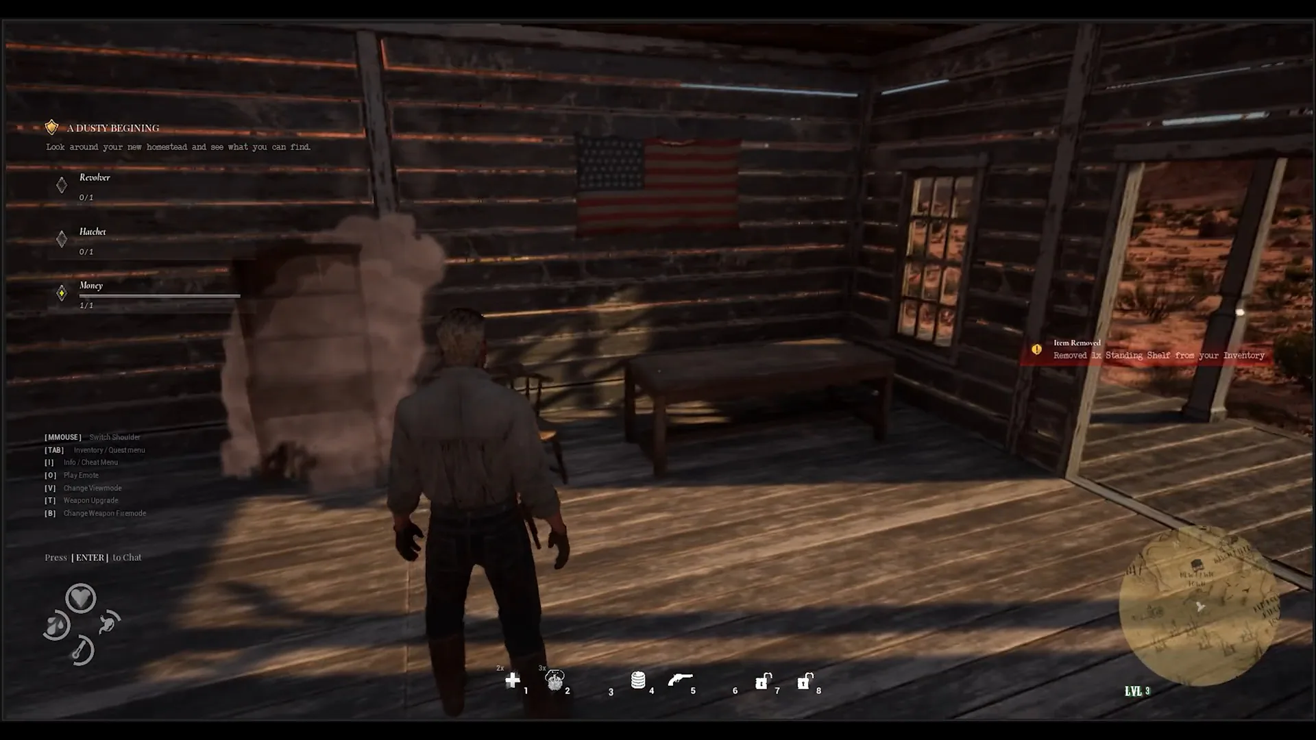 Western Rye player inside a timber frontier homestead